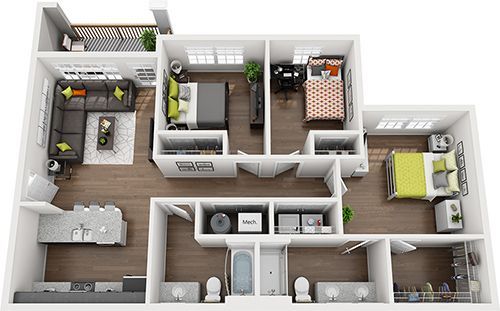 2 Bedroom 2.5 Bathroom Townhome Floor Plan