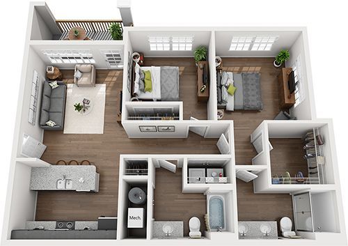 2 Bed 2 Bath Floor Plan with Carpet and Wood Flooring