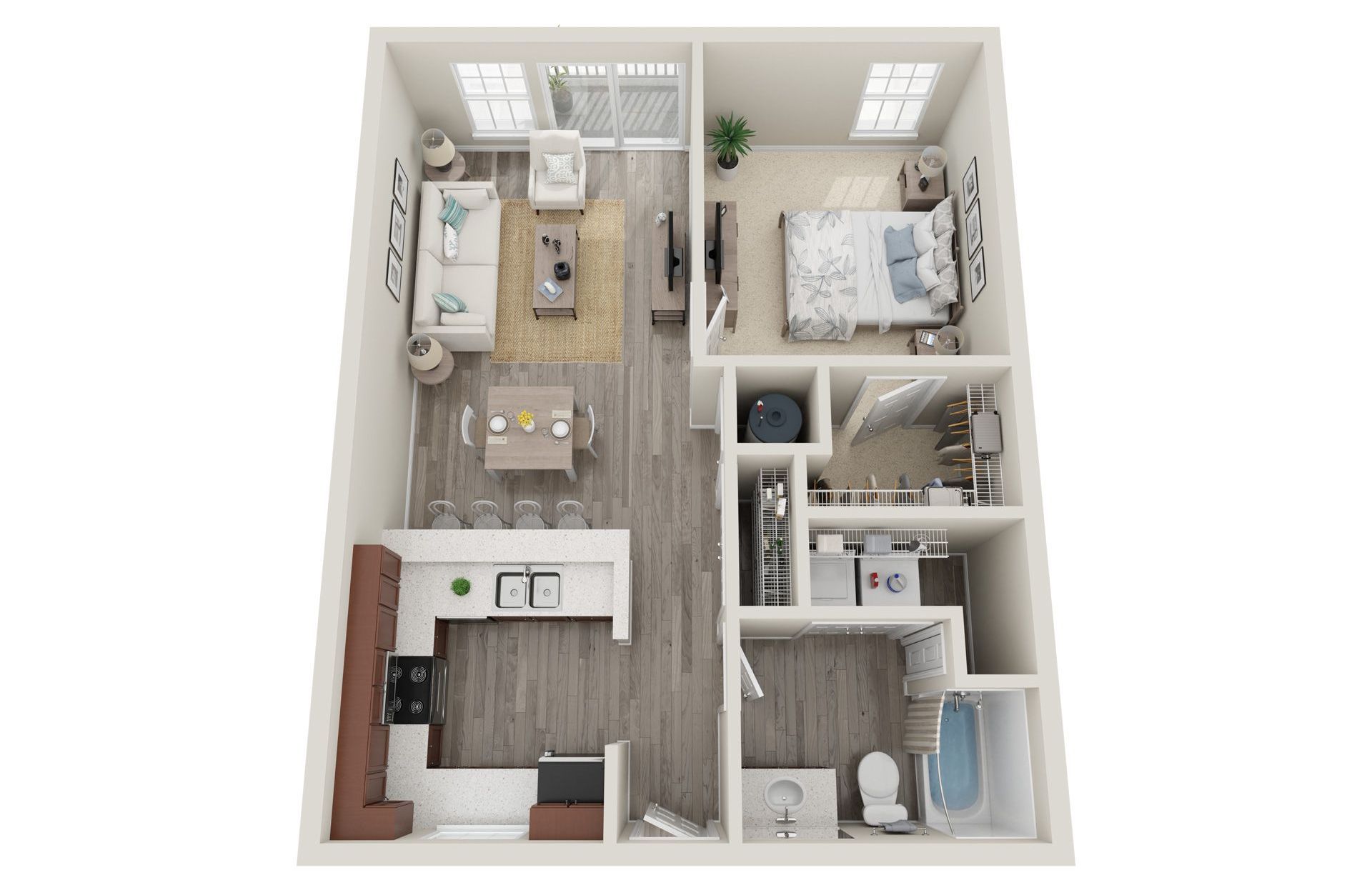 2 Bed 2 Bath Floor Plan with Carpet and Wood Flooring