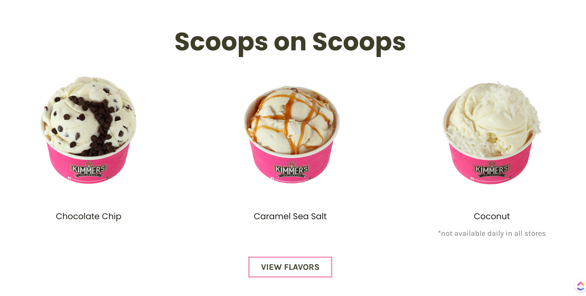 Three different flavors of ice cream are displayed on a website.