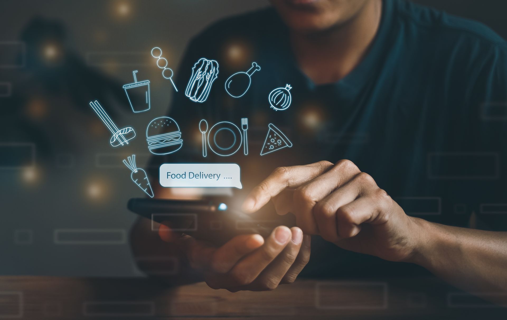 A man is using a smart phone with food icons coming out of it