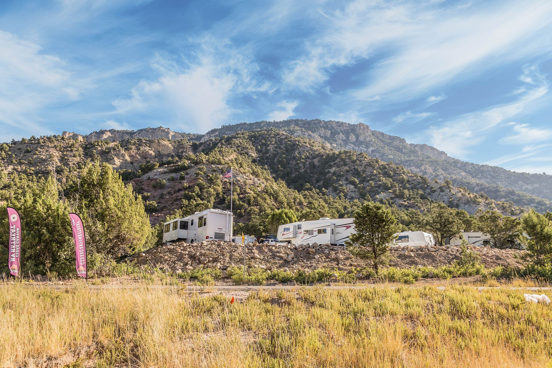 A group of rvs are parked in a field with a mountain in the background.