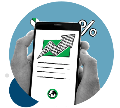 A person is holding a cell phone with a graph on the screen