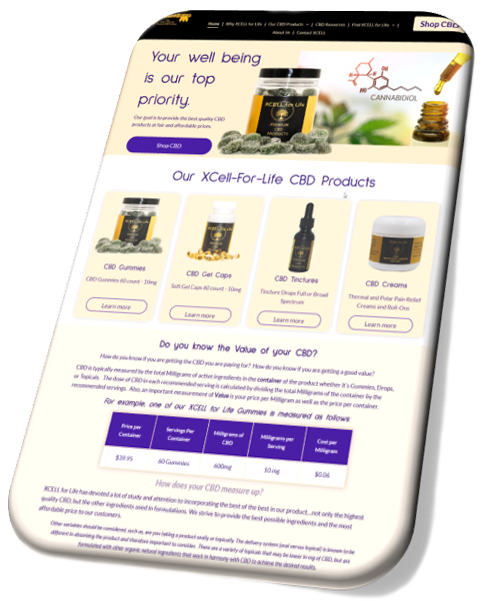 A phone screen displays a website for cbd products