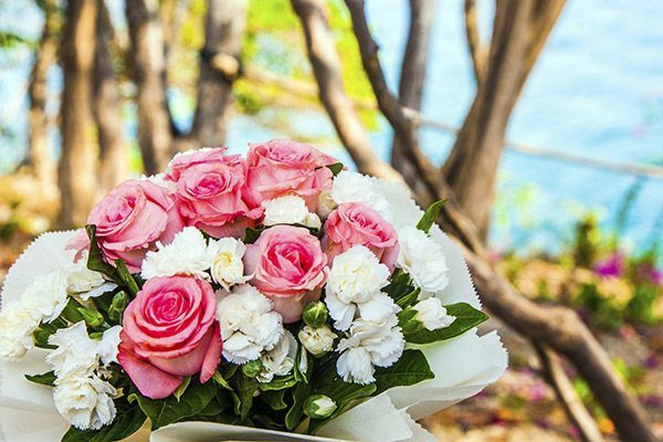 A bouquet of pink roses and white carnations is sitting in front of a tree.