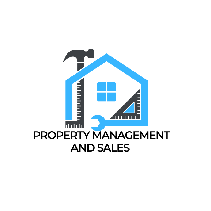 A logo for property management and sales with a house , hammer , ruler and wrench.