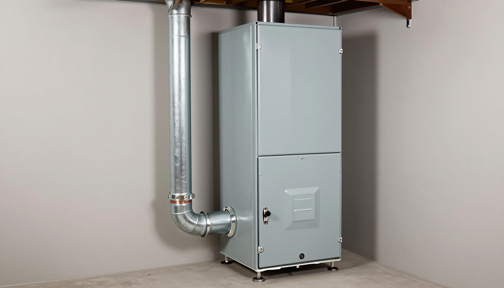 Grey furnace with silver ductwork in a basement corner