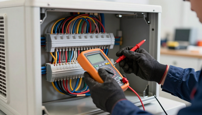 Electrician testing a wall-mounted electrical panel with a multimeter and probe