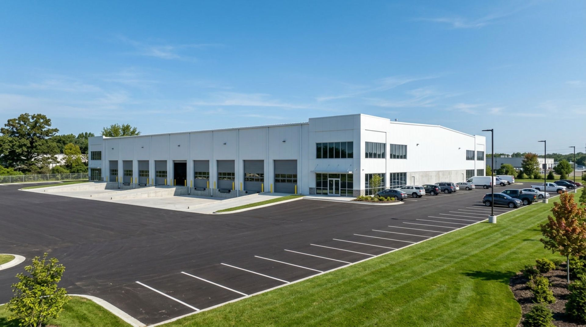 White industrial office building with large empty parking lot and green lawn on a sunny day — GMS Legal & Conveyancing In 38 Canton Beach Rd Toukley, NSW