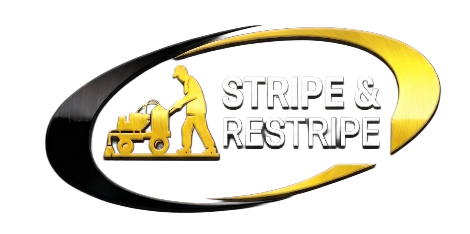 Stripe & Restripe logo with yellow worker and truck in black-and-gold oval