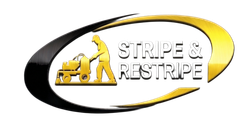 Stripe & Restripe logo with yellow worker and truck in black-and-gold oval