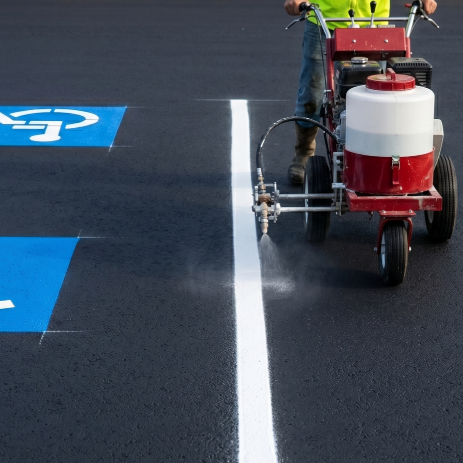 Worker painting a white line on dark asphalt near blue handicap parking symbols