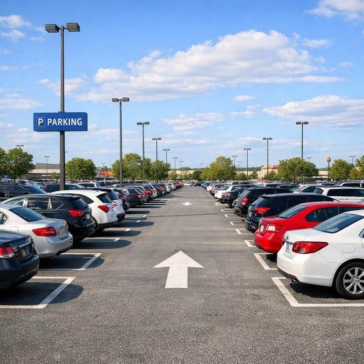 Parking lot with rows of parked cars and a white directional arrow on the pavement under a blue sky.