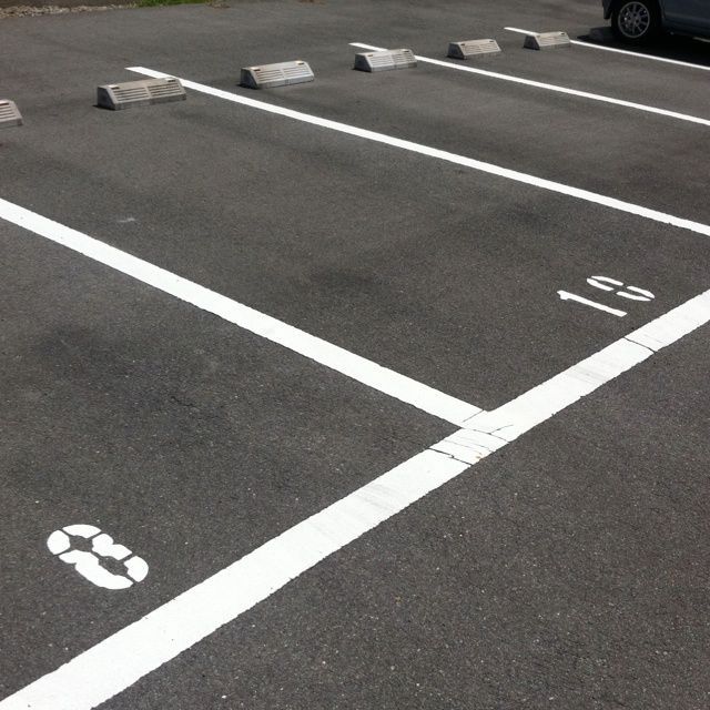 Marked parking spaces with white lines and wheel stops on asphalt, including a numbered accessible spot.