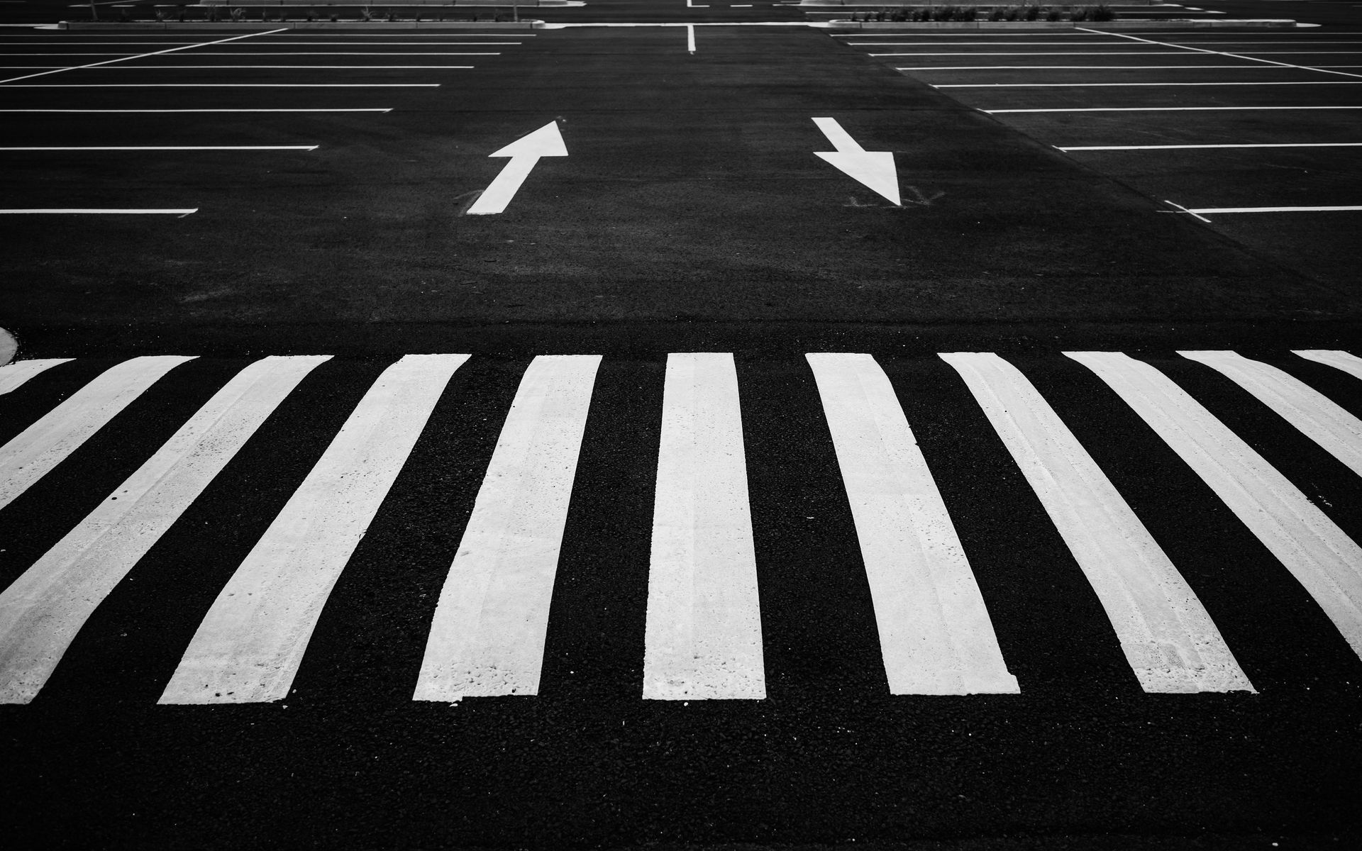 Black-and-white road with a zebra crossing and two white directional arrows on the pavement.