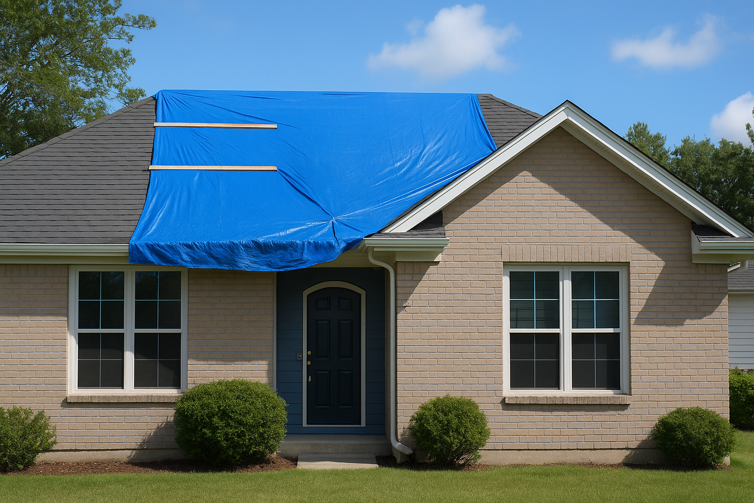 Blue tarp covers a portion of a beige brick house roof, secured with metal bars, on a sunny day.