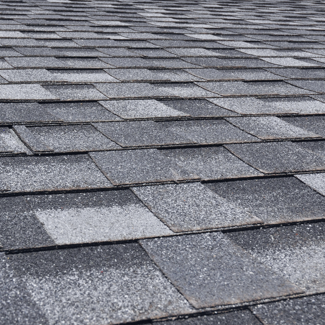 Gray asphalt shingle roof with varying shades, perspective angled upward.