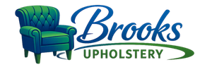 Brooks Upholstery logo with green armchair and blue script text on white background