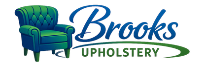 Brooks Upholstery logo with green armchair and blue script text on white background