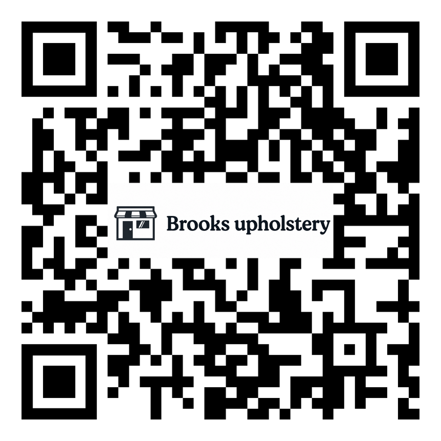 Black-and-white QR code with “Brooks upholstery” logo in the center.