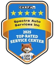 CARFAX 2025 Top-Rated Service Center badge for Spectra Auto Services Inc with Car Fox mascot