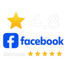Facebook logo with 4.8-star rating and five gold stars on white background