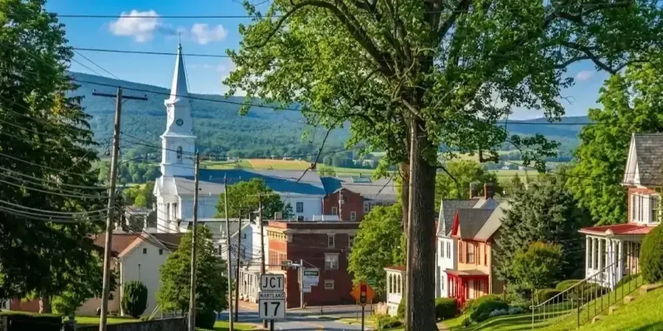 Quiet small-town street with a white church steeple, houses, trees, and mountains in the background