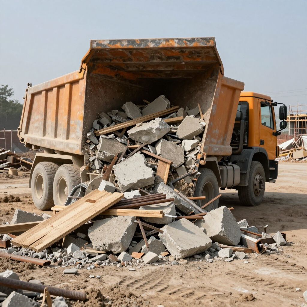Dump truck dumping construction debris onto a dirt ground. Dump truck dumping construction debris onto a dirt ground.