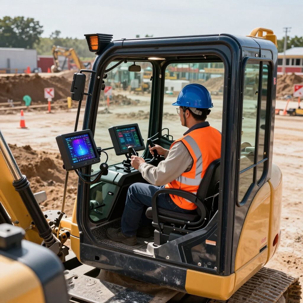 Construction worker operating excavator, wearing a hard hat and safety vest. Construction worker operating excavator, wearing a hard hat and safety vest.