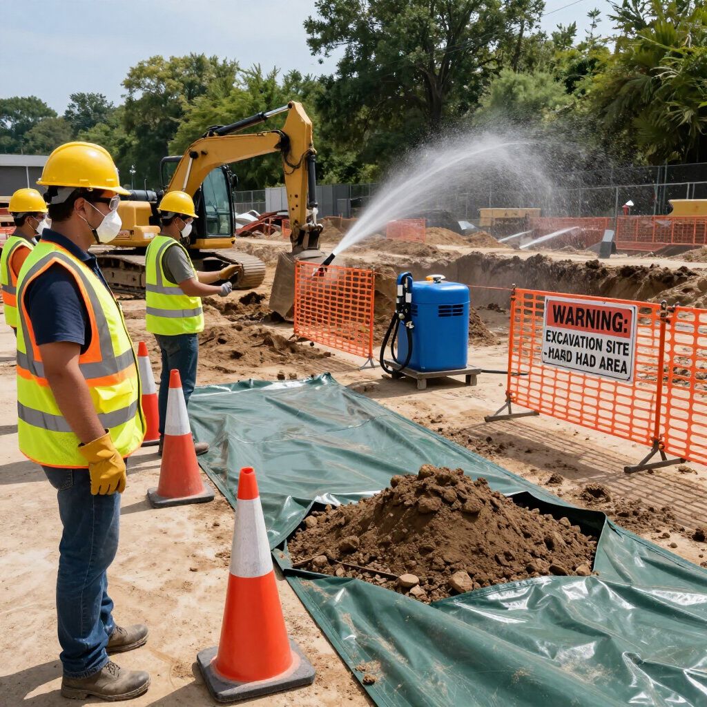 Construction workers spray water to control dust at an excavation site. Construction workers spray water to control dust at an excavation site.