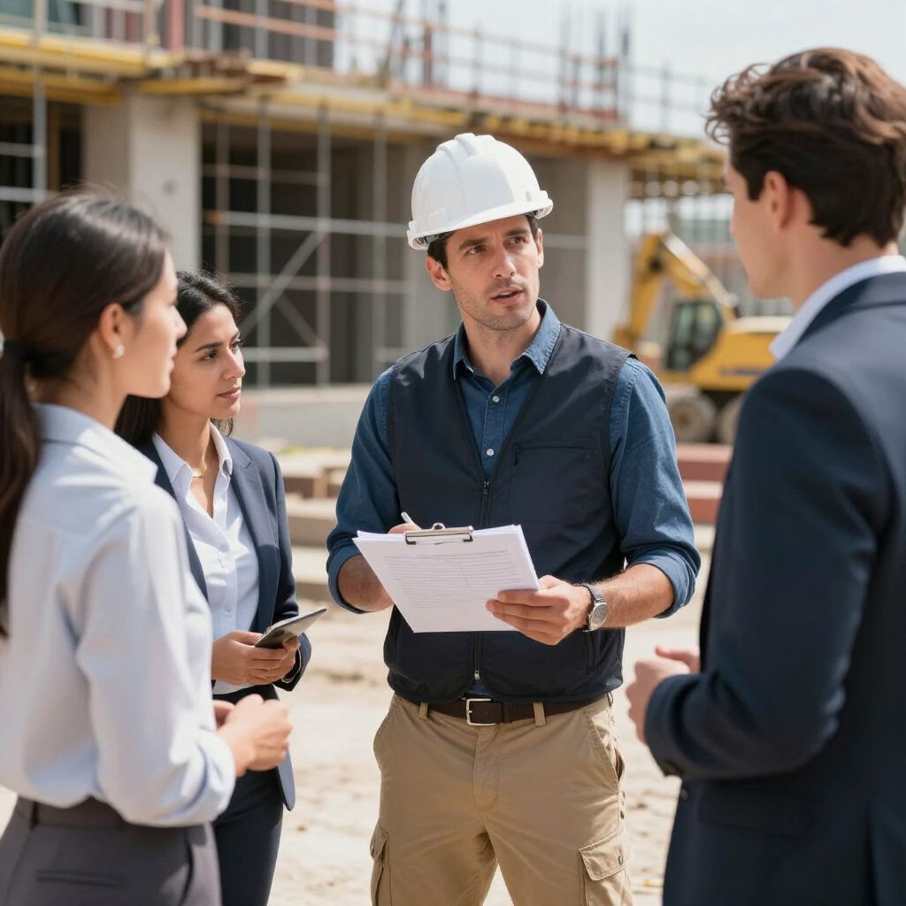 Construction site: Four people in professional attire talking, one in a hard hat holding a clipboard. Construction site: Four people in professional attire talking, one in a hard hat holding a clipboard.