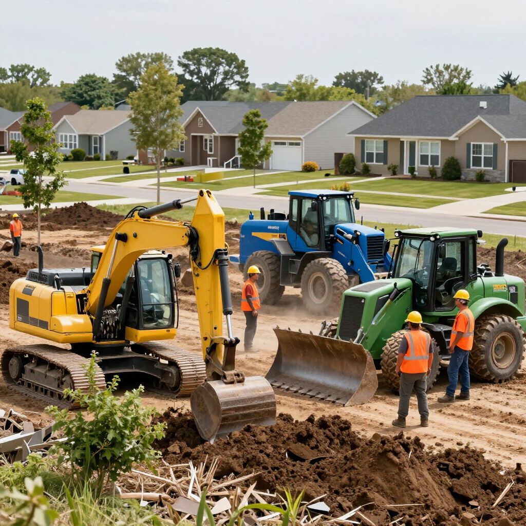 Construction site with excavators, tractors, and workers in front of suburban houses. Construction site with excavators, tractors, and workers in front of suburban houses.