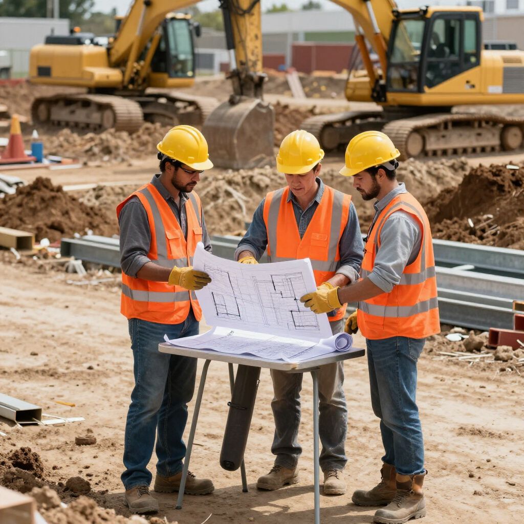 Construction workers in safety vests and hard hats review blueprints on site with heavy machinery. Construction workers in safety vests and hard hats review blueprints on site with heavy machinery.