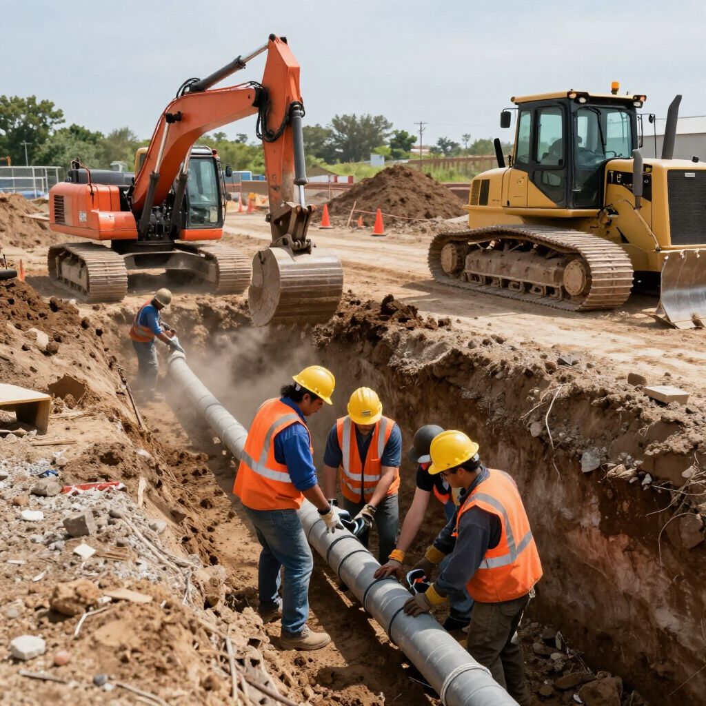 Construction workers installing pipe in a trench; excavator and bulldozer on site. Construction workers installing pipe in a trench; excavator and bulldozer on site.
