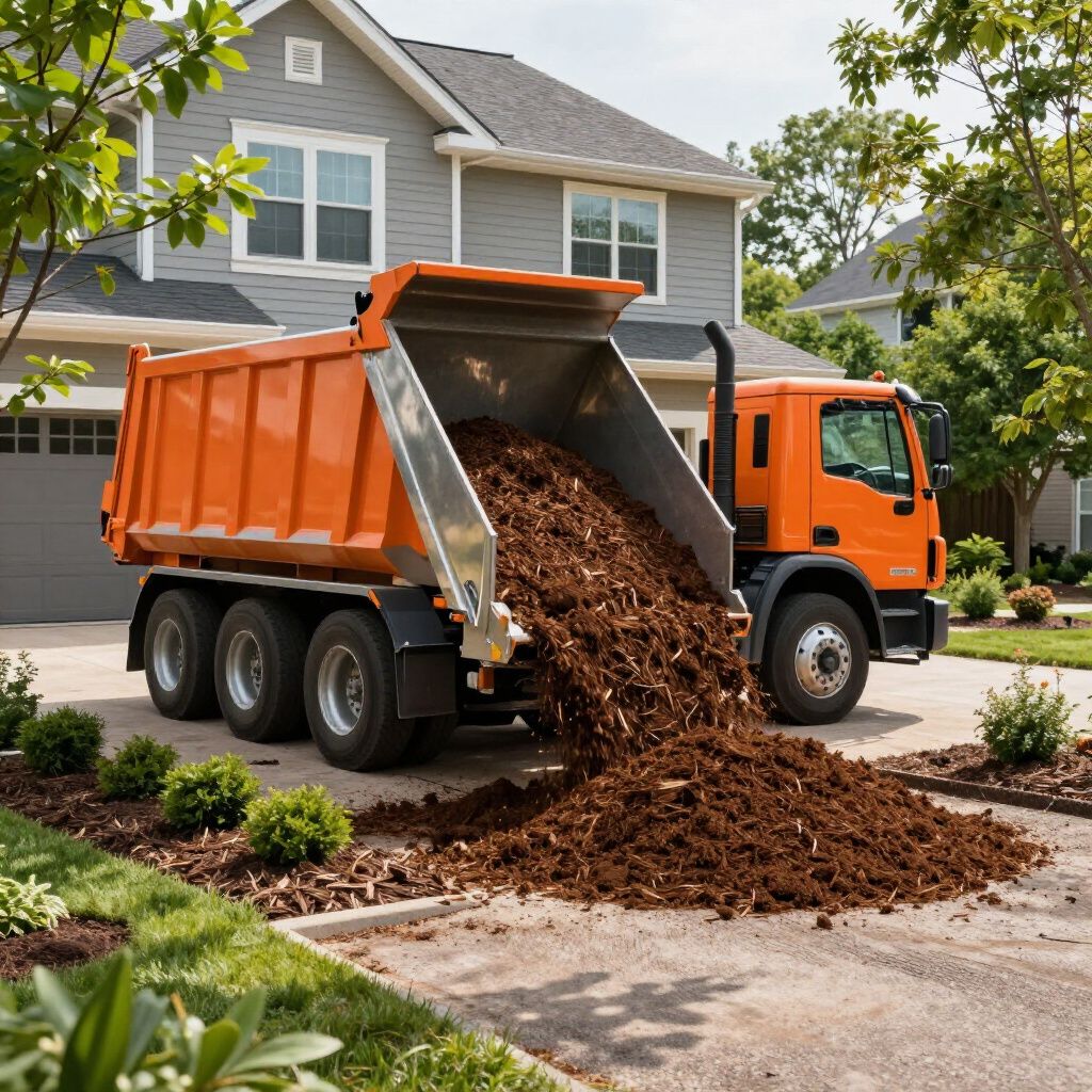 Orange dump truck unloading mulch onto a residential driveway. Orange dump truck unloading mulch onto a residential driveway.