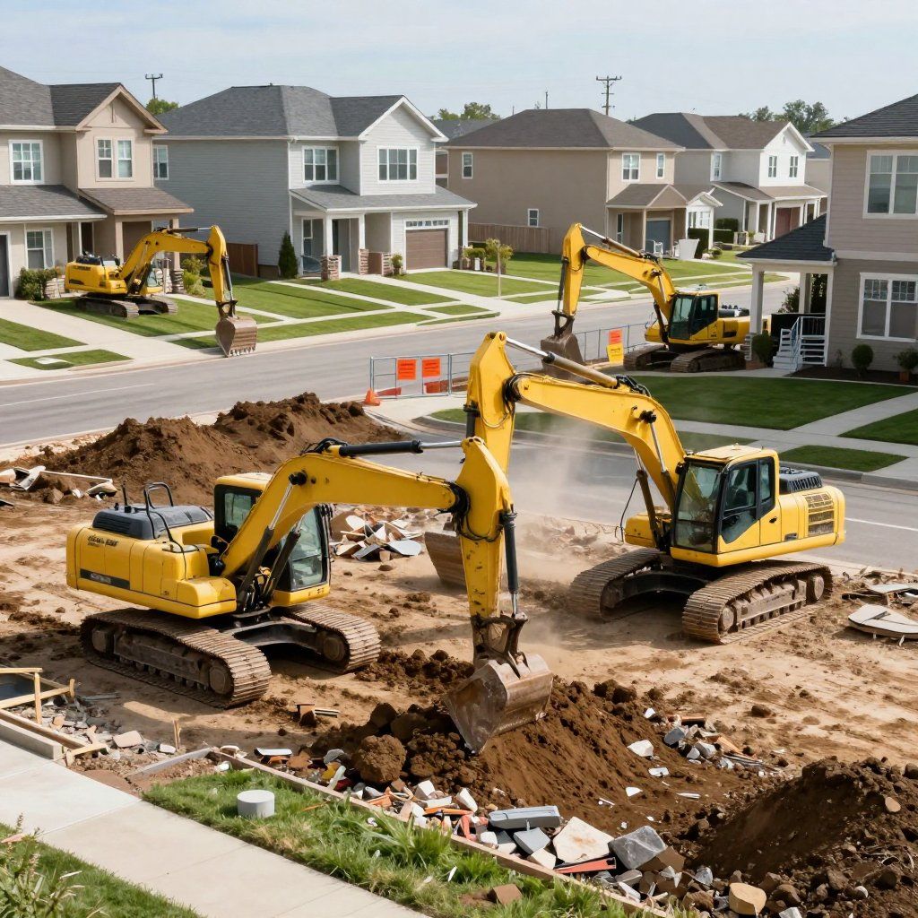 Yellow excavators digging at a construction site in a suburban neighborhood. Yellow excavators digging at a construction site in a suburban neighborhood.