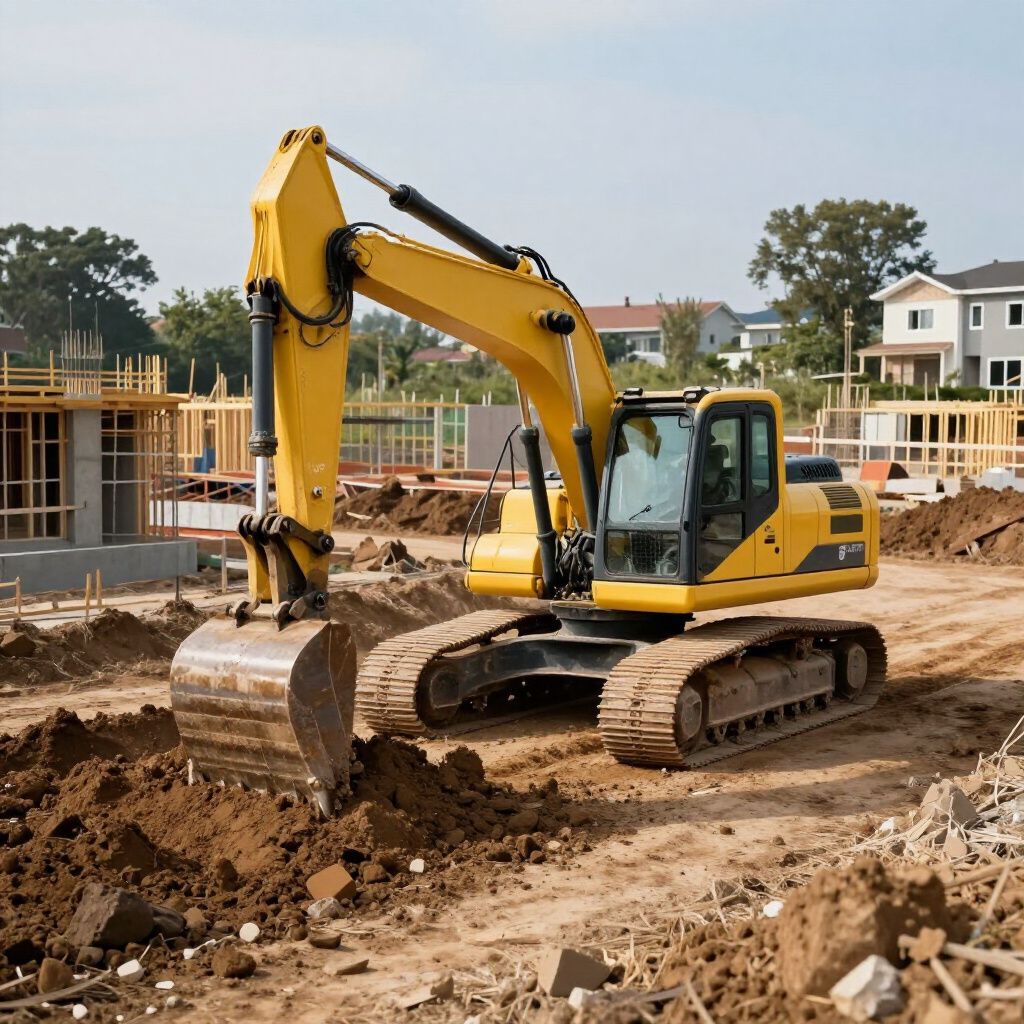 Yellow excavator on a construction site, digging dirt. Buildings under construction in background. Yellow excavator on a construction site, digging dirt. Buildings under construction in background.