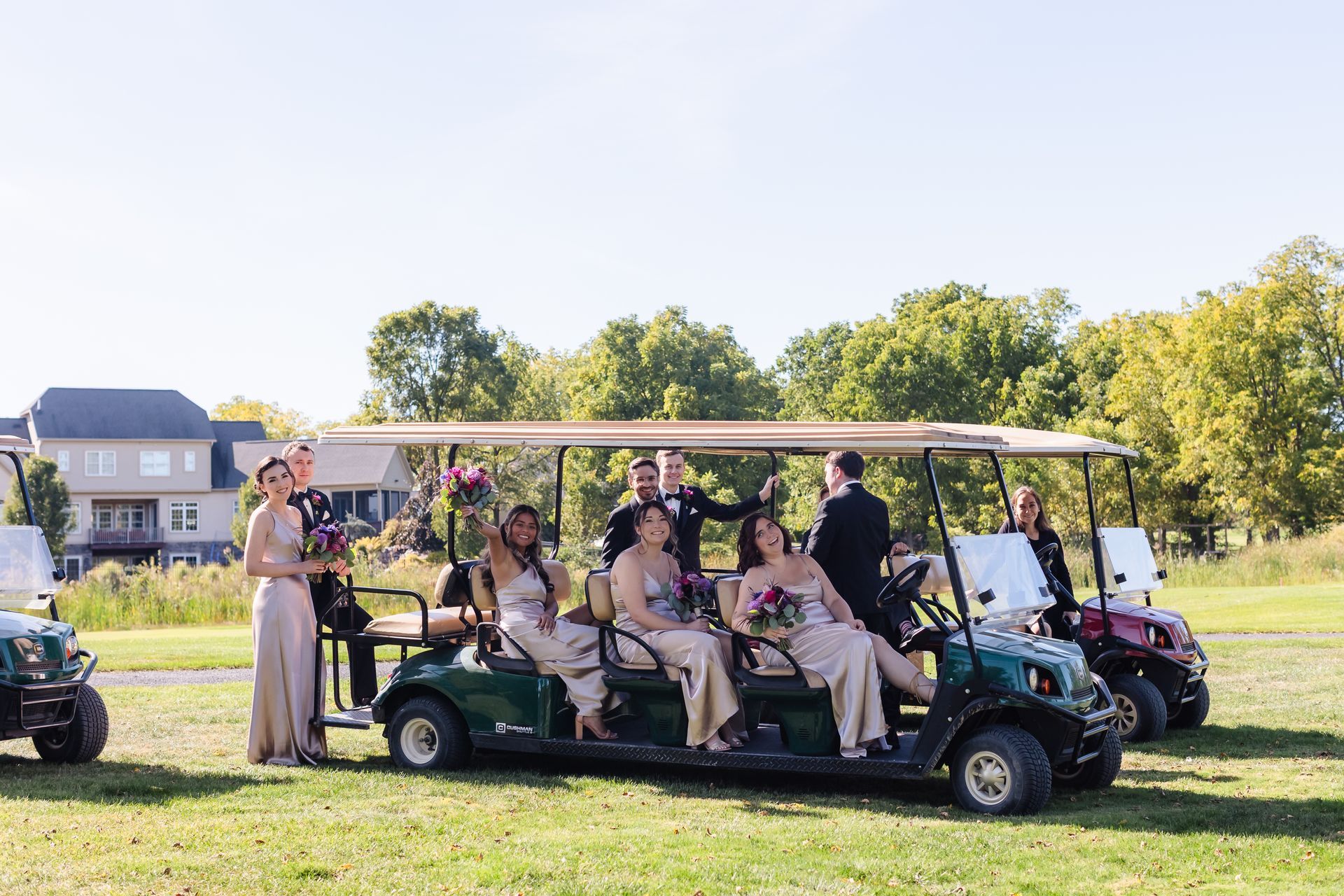Wedding party in golf cart on green field. Bridesmaids in beige gowns, groomsmen in black suits. Sunny day.