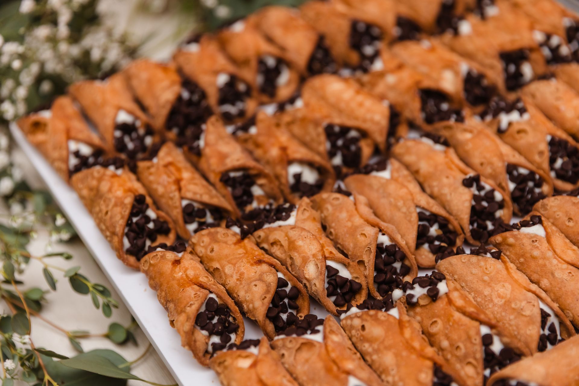 Tray of Italian cannoli, filled with cream and chocolate chips.
