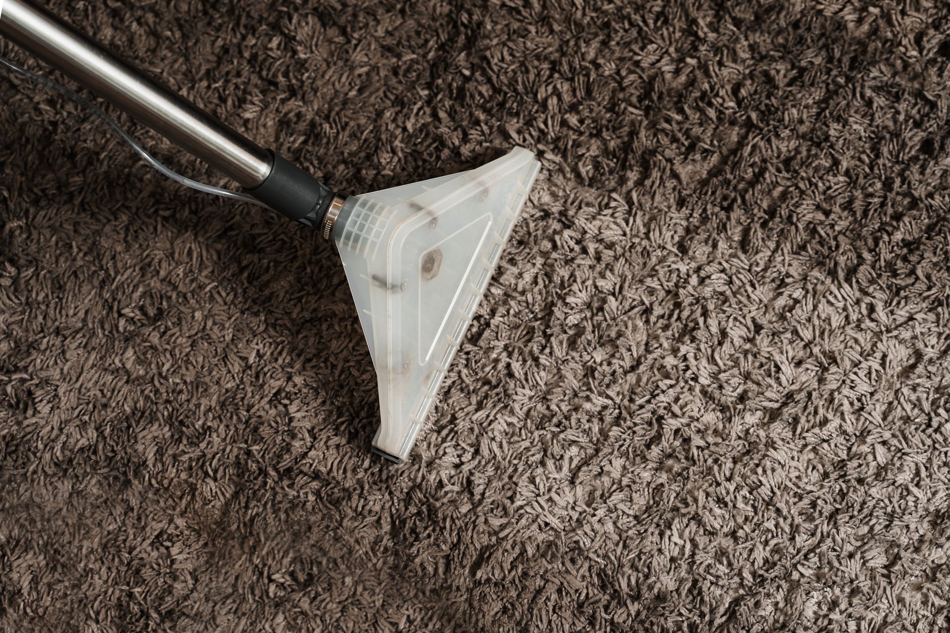 A vacuum cleaner is cleaning a brown carpet.