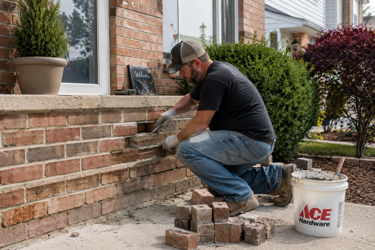 Worker kneeling while laying bricks on a construction wall of red clay blocks