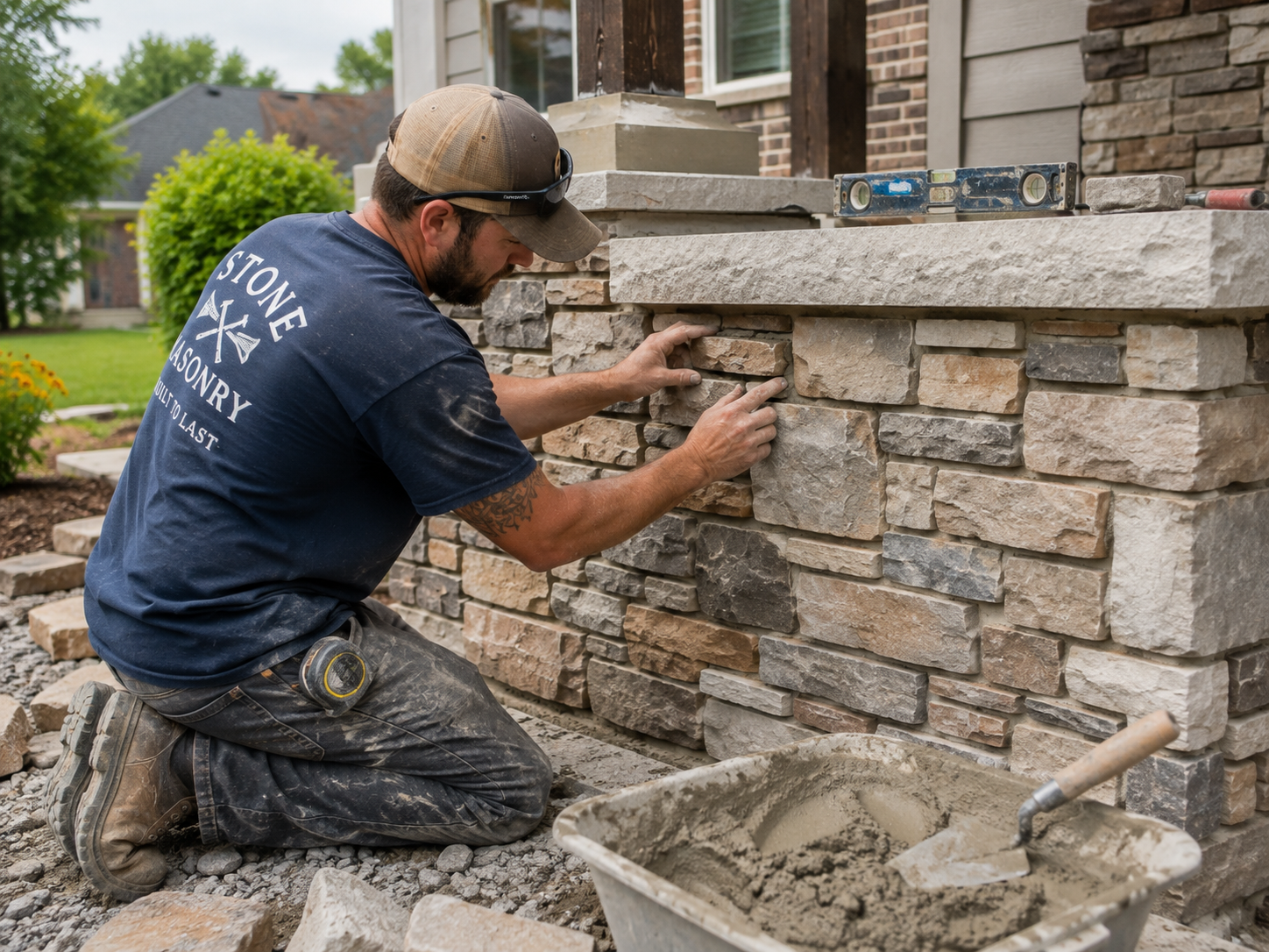Construction workers in hard hats laying bricks on a wall outdoors under a blue sky