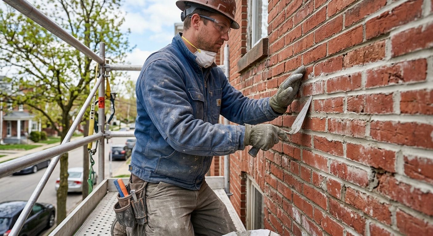 Hands laying orange bricks with gray mortar using a trowel