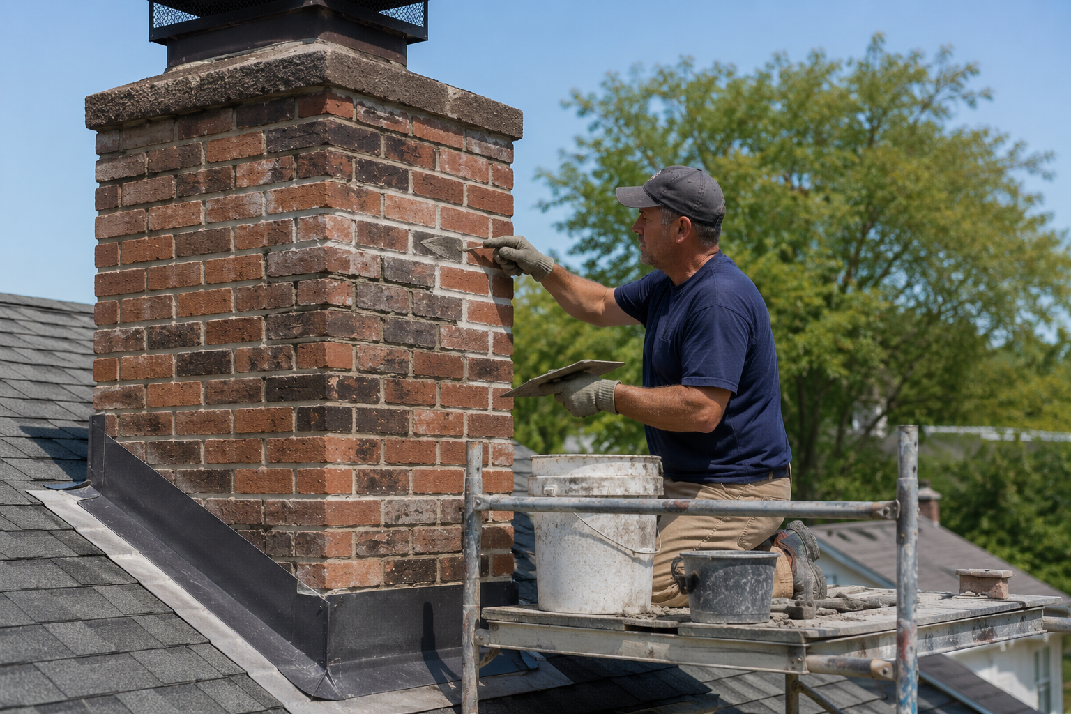 Worker painting a brick chimney on a rooftop scaffold