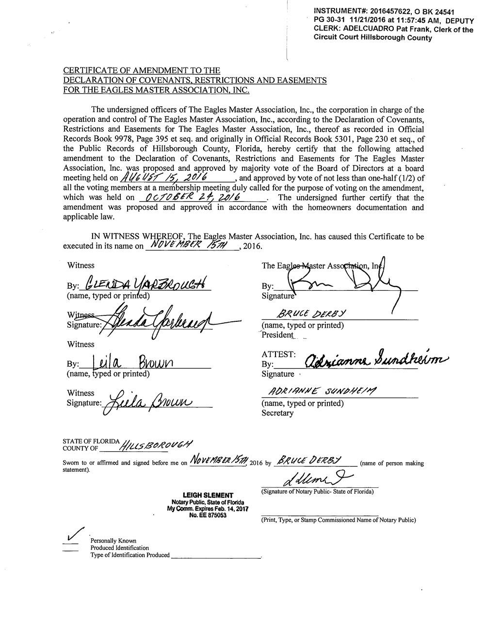 2016 Amendment to Declaration of Covenants, Restrictions & Easements for The Eagles Master Association