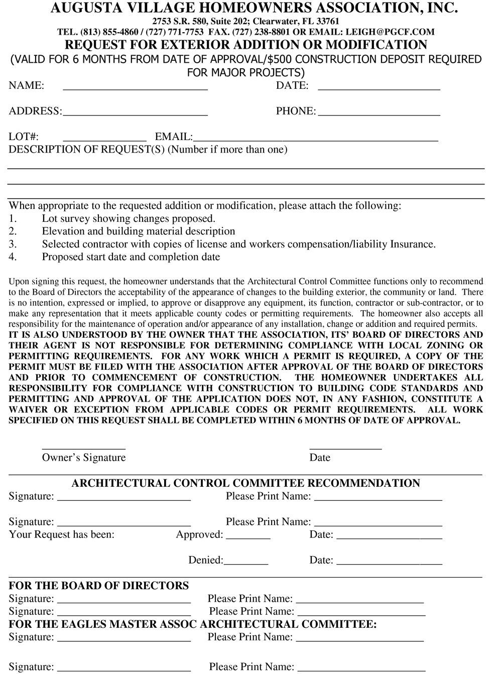 Augusta Village ACC Request Form (reviewed by The Eagles Master Association ACC)
