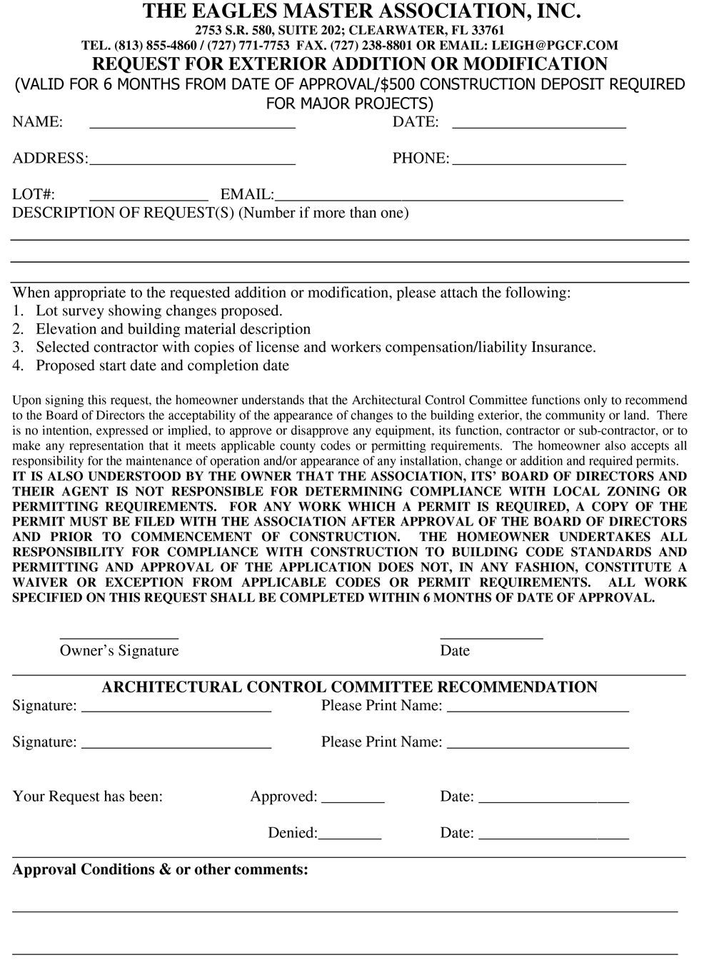 The Eagles Master Association ACC Request Form