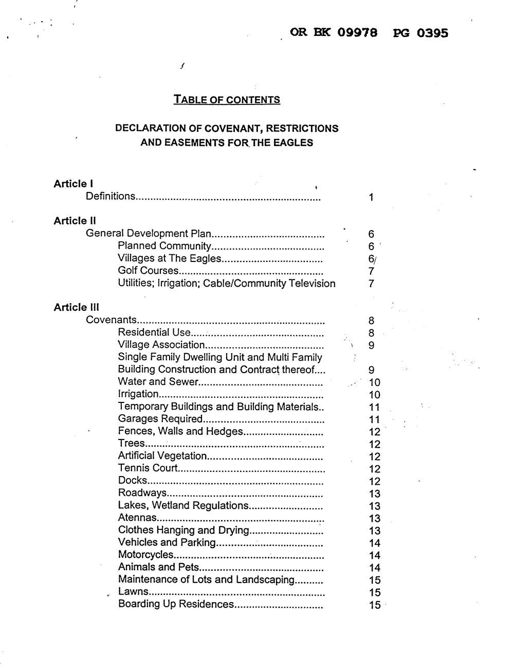 Declaration of Covenants, Restrictions & Easements for The Eagles Master Association