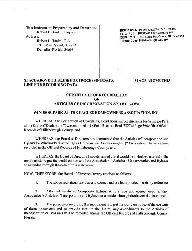 Articles of Incorporation & By-Laws & Amendment for Windsor Park at the Eagles