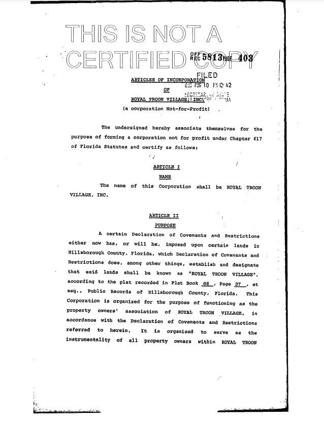 Articles of Incorporation & Amendments of Royal Troon Village